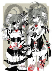  2girls ahoge alternate_costume alternate_hairstyle animal_ears arm_garter belt braid collar commentary_request corset dual_persona ear_tag eyepatch front-tie_top hand_in_own_hair hand_on_own_neck heart-shaped_lock heart_lock_(kantai_collection) horn_ornament horn_ribbon horns kai_(akamekogeme) kantai_collection kemonomimi_mode kiso_(kancolle) leather lock looking_at_another looking_at_viewer loose_belt loose_thighhigh multiple_girls padlock padlocked_collar parted_lips ribbon sheep sheep_ears sheep_horns spot_color tassel tattoo thighhighs twin_braids untied 