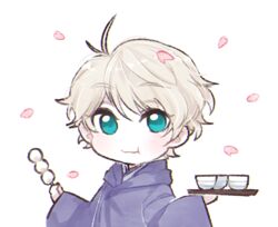  1boy aldnoah.zero blue_eyes commentary_request dango eating fc_(efushii) food male_focus petals slaine_troyard tea tray wagashi white_hair 