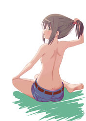  barefoot blue_shorts blush breasts brown_eyes brown_hair commentary_request dimples_of_venus feet female from_behind hanawa_kaoru hand_on_own_knee highres kageyasu long_hair panties parted_lips pink_panties profile shorts shoulder_blades sitting small_breasts soles solo tamayura toes topless underwear white_background 