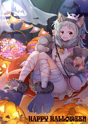  :d absurdres animal animal_ear_fluff animal_ears animal_hands ass bad_id bad_pixiv_id bag bandaged_leg bandages bat_(animal) bell blue_hair blush bow brown_eyes brown_hairband brown_skirt candy candy_cane candy_wrapper commentary fake_animal_ears female food full_moon fur_collar fur_trim ghost gloves glowing hairband halloween halloween_bucket hands_up happy_halloween highres jack-o&#039;-lantern knees_up long_hair looking_at_viewer miyako_(halloween)_(princess_connect!) miyako_(princess_connect!) moon night night_sky oerba_yun_fang open_mouth paw_gloves paw_shoes pennant pleated_skirt princess_connect! red_bow rinringyo shirt shoes shoulder_bag sitting skirt sky smile solo string_of_flags transparent very_long_hair white_shirt window wolf_ears wolf_paws 