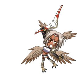  12_beast archived_source bad_id bad_link boomerang chibi claws facial_mark feathered_wings feathers female full_body grey_hair half-harpy head_wings jawea monster_girl navel okayado orange_eyes resized simple_background solo talons tan upscaled white_background wings 