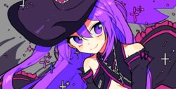  aisha_landar buchu14569590 colorized commentary detached_sleeves earrings elsword female hat jewelry long_hair necklace oz_sorcerer_(elsword) purple_eyes purple_hair smile symbol-only_commentary witch_hat zipper 