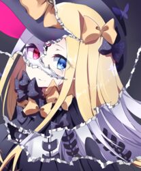  abigail_williams_(fate) abigail_williams_(third_ascension)_(fate) ametama_(runarunaruta5656) black_bow black_dress black_gloves black_hat blonde_hair blue_eyes blush bow bug butterfly closed_mouth commentary_request crying crying_with_eyes_open dress elbow_gloves eyes_visible_through_hair fate/grand_order fate_(series) female gloves grey_background hairbow hat head_tilt highres long_hair long_sleeves looking_at_viewer orange_bow page_tear pale_skin parted_bangs polka_dot polka_dot_bow red_eyes revealing_clothes revealing_layer smile solo tears very_long_hair white_hair witch_hat 