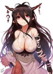  antenna_hair bandages bare_shoulders black_gloves black_hair blood breasts chromatic_aberration cleavage commentary_request crescent danua draph dress elbow_gloves female fingerless_gloves gloves granblue_fantasy hair_between_eyes hansel_(granblue_fantasy) highres horn_ornament horns jewelry large_breasts long_hair looking_at_viewer mukka necklace pointy_ears red_eyes simple_background solo stuffed_toy white_background 