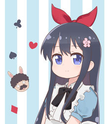  alice_(alice_in_wonderland) alice_(alice_in_wonderland)_(cosplay) alice_in_wonderland animal_ears apron black_bow black_hair blue_background blue_dress blue_eyes blush bow closed_mouth club_(shape) commentary cosplay diamond_(shape) dress female flower frilled_apron frills hair_flower hair_ornament hairbow heart higero_(wataten) highres ixia_(ixia424) lolicon long_hair looking_at_viewer pink_flower rabbit_ears red_bow shirosaki_hana smile spade_(shape) striped striped_background two-tone_background upper_body vertical_stripes watashi_ni_tenshi_ga_maiorita! white_apron white_background 