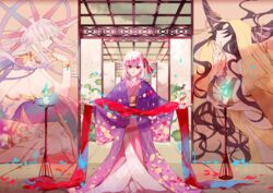  3girls armlet armor bikini_armor black_hair breasts candle cleavage collar dual_persona earrings facial_mark fate/grand_order fate_(series) floral_print forehead_mark hair_ribbon halo highres horn_ornament horn_ring horns japanese_clothes jewelry kama_(beast_iii/l)_(fate) kama_(fate) kasuga_no_tsubone_(fate) kimono large_breasts layered_clothes layered_kimono long_hair long_sleeves looking_at_viewer metal_collar multiple_girls navel obi open_mouth parted_bangs pink_kimono purple_kimono red_eyes ribbon sakuramochi1003 sash sessyoin_kiara sessyoin_kiara_(beast_iii/r) short_hair shouji sliding_doors small_breasts smile thighlet thighs very_long_hair wavy_hair white_hair wide_sleeves 