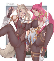  2girls absurdres animal_ears blonde_hair blue_eyes bodystocking breast_press breasts chains claw_pose collar commission cosplay fox_ears fox_girl fox_tail ganyu_(genshin_impact) ganyu_(genshin_impact)_(cosplay) genshin_impact highres holding_hands large_breasts legs_up linked_collar melowh multiple_girls original pink_hair shenhe_(genshin_impact) shenhe_(genshin_impact)_(cosplay) slit_pupils spread_legs tail 