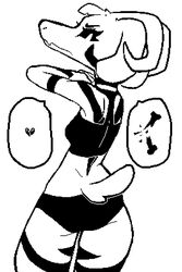  2017 2:3 anthro arm_markings asriel_dreemurr_(god_form) back_markings bikini bikini_bottom black_and_white black_sclera boss_monster_(undertale) bovid broken_heart caprine clothing facial_markings fangs female fur goat halter_top head_markings horn leg_markings looking_at_viewer looking_back looking_back_at_viewer mammal markings monochrome monster mtf_crossgender pashoo pixelated pupils rear_view rule_63 simple_background slit_pupils solo swimwear teeth undertale undertale_(series) white_body white_fur 