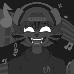  1:1 anthro cheek_tuft clothing cyberrodrigo electronics facial_tuft fangs felid feline greyscale hair happy hat headgear headphones headwear hi_res leopardus long_hair male mammal monochrome music musical_note ocelot rodrigo_(cyberrodrigo) smile solo teeth tuft white_eyes 