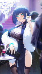  aqua_eyes bag bangs black_legwear blue_dress blue_hair bracelet breasts cleavage cleavage_cutout clothing_cutout dress earrings female fukuro_daizi fur_scarf genshin_impact hair_behind_ear handbag highres holding holding_bag jewelry large_breasts pelvic_curtain scarf shiny smile solo_focus thighhighs tray unfinished white_scarf yelan_(genshin_impact) 