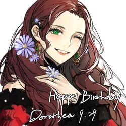  brown_hair character_name dorothea_arnault earrings female fire_emblem fire_emblem:_three_houses flower green_eyes happy_birthday jewelry long_hair n0ise one_eye_closed ring solo upper_body white_background 