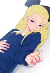  assam_(girls_und_panzer) black_ribbon blonde_hair blue_eyes blue_sweater closed_mouth commentary dress_shirt dutch_angle female girls_und_panzer grey_background hair_pulled_back hair_ribbon half-closed_eyes hand_on_own_stomach long_hair long_sleeves looking_at_viewer lying mityubi on_back ribbon school_uniform shirt smile solo st._gloriana&#039;s_school_uniform sweater v-neck white_shirt wing_collar 