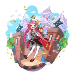  :d bag bird blue_eyes dragalia_lost faux_figurine female flower full_body gate holding long_hair looking_at_viewer maribelle_(dragalia_lost) non-web_source official_art open_mouth pantyhose pink_hair saitou_naoki smile solo transparent_background white_pantyhose 