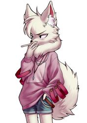  5_fingers anthro black_eyes black_nose canid canine cigarette clothing cowlick ffjjfjci fingers fur hair hand_in_pocket hi_res inner_ear_fluff jewelry kemono li_donghuo_(ffjjfjci) male mammal neck_tuft necklace pockets raised_arm shadow shirt simple_background smoking smoking_cigarette solo standing tan_body tan_fur topwear tuft white_background 