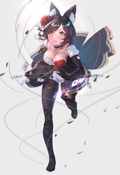  absurdres animal_ear_fluff animal_ears black_footwear black_hair boots breasts card choker cleavage clothing_cutout collarbone cucumbear073 female flower full_body hair_flower hair_ornament heart_cutout highres hololive juliet_sleeves large_breasts long_sleeves looking_ahead low_neckline multicolored_hair ookami_mio ookami_mio_(wonderland) playing_card puffy_sleeves running short_shorts shorts simple_background solo streaked_hair swept_bangs thigh_boots virtual_youtuber white_background wolf_ears wolf_girl yellow_eyes 