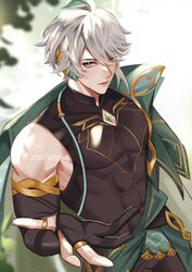  1boy abs alhaitham_(genshin_impact) aqua_eyes archieloras black_gloves black_shirt black_sleeves bodystocking cape closed_mouth fingerless_gloves genshin_impact gloves grey_hair hair_between_eyes highres male_focus muscular muscular_male shirt short_hair sleeveless solo 