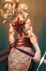  absurdres back bandages blonde_hair cross female highres holding holding_weapon joseph_virtuoso looking_to_the_side muscular muscular_female original ponytail scabbard scar scar_on_face sheath skirt solo sword tattoo toned weapon 