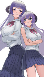  2girls absurdres alternate_costume arms_under_breasts back-to-back bare_arms bare_shoulders blue_skirt blush breasts broken_horn commentary crossed_arms dress_shirt featherine_augustus_aurora hanyuu highres higurashi_no_naku_koro_ni horns in-franchise_crossover large_breasts long_hair long_skirt long_sleeves medium_breasts multiple_girls oici_ne pleated_skirt purple_eyes purple_hair shirt skirt sleeveless sleeveless_shirt smirk smug sweatdrop umineko_no_naku_koro_ni very_long_hair white_background white_shirt 