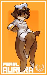  anthro bottomwear brown_hair capt_spacecat clothing female footwear fur furgonomics hair hat headgear headwear hi_res jacket looking_at_viewer mammal medal mustelid navy_uniform orange_background orange_eyes otter pearl_aurora shoes simple_background skirt smile solo tail tail_through_skirt topwear white_bottomwear white_clothing white_footwear white_jacket white_shoes white_skirt white_topwear 