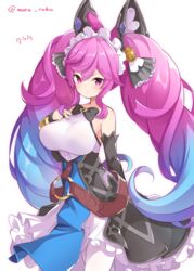  bell belt blush bow breasts character_name cleo_(dragalia_lost) closed_mouth commentary_request cowboy_shot detached_sleeves dragalia_lost female gradient_hair hair_bell hair_ornament hairbow headdress highres large_breasts long_hair looking_at_viewer multicolored_hair purple_eyes rokushou_kokuu simple_background solo twintails twitter_username two-tone_hair very_long_hair white_background white_legwear 