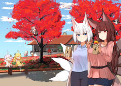  6+girls =_= absurdres ahoge akagi_(azur_lane) akaoni_(zumt3548) akashi_(azur_lane) albacore_(azur_lane) alternate_costume animal_ear_fluff animal_ears autumn autumn_leaves azur_lane bag belt bench binoculars black_dress black_sailor_collar blonde_hair blouse blue_eyes blue_shirt blue_shorts blue_sky branch brown_bag brown_belt brown_hair building casual cat_ears climbing_tree closed_mouth cloud collared_shirt commentary contemporary day dress eating fake_animal_ears fingerless_gloves food fox_ears fox_tail gloves green_hair highres holding holding_bag holding_food in_tree jacket kaga_(azur_lane) kisaragi_(azur_lane) kitsune kyuubi long_hair long_sleeves low_ponytail meowfficer_(azur_lane) midriff multiple_girls multiple_tails mutsuki_(azur_lane) mutsuki_face_(azur_lane) navel o_o off_shoulder outdoors paw_print pink_hair pink_shirt platinum_blonde_hair pointing polo_shirt prototype_bulin_mkii_(azur_lane) puffy_short_sleeves puffy_sleeves red_eyes red_hair ribbed_dress sailor_collar san_diego_(azur_lane) shade shadow shirt short_hair short_shorts short_sleeves shorts shoukaku_(azur_lane) sitting sky smile socks steam sweet_potato tail tree tree_shade universal_bulin_(azur_lane) walking white_hair white_socks yellow_footwear yuudachi_(azur_lane) 