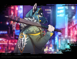  abstract_background alternative_fashion anthro bat_(object) canid canine canis city clothed clothing cyberpunk cyberpunk_2077 digital_media_(artwork) domestic_dog dystopia fur gang gangster headgear kiko_(kikonine) kikonine killingtea looking_at_viewer male mammal mask outside punk simple_background solo streetwear stylized_background techwear topwear weapon 