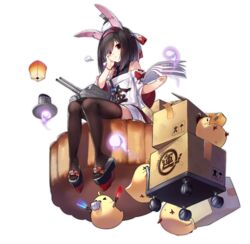  animal_ears azur_lane bird black_hair box brown_thighhighs cardboard_box chick diagonal_bangs dress eyes_visible_through_hair faux_figurine female geta haluka_(aixioo) hand_on_own_cheek hand_on_own_face hitodama holding holding_paper lantern manjuu_(azur_lane) mooncake off_shoulder official_alternate_costume official_art paper paper_lantern platform_footwear platform_truck rabbit_ears red_eyes right-over-left_kimono shiranui_(azur_lane) shiranui_(mooncake_merchant)_(azur_lane) sitting solo thighhighs transparent_background turret 