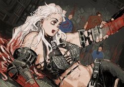  abs blush breasts dorohedoro earrings female gloves jewelry kaitennsiki large_breasts leather long_hair muscular muscular_female navel necktie noi_(dorohedoro) open_mouth pants red_eyes smile stitches white_hair 