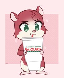  2019 anthro beverage container cricetid cup drinking drinking_straw english_text fur green_eyes hamster hasbro higglytownhero littlest_pet_shop littlest_pet_shop:_a_world_of_our_own logo male mammal multicolored_body new_orleans_original_daiquiris pink_nose red_body red_fur rodent simple_background solo text trip_hamston two_tone_body 