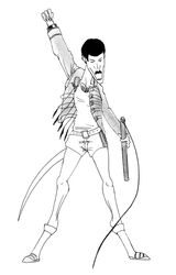  absurd_res all_tomorrows belt belt_buckle black_hair boots bottomwear buckle clothing efradraws electronics facial_hair fist footwear freddie_mercury hair hi_res humanoid long_tail male microphone monochrome moustache posthuman raising_arm satyriac shorts singer singing solo tail traditional_media_(artwork) 