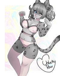  anthro blue_eyes bra breasts clothed clothing felid feline female fur grey_body grey_ears grey_fur grey_hair grey_spots grey_tail hair hi_res lace legwear lily_(sakuradlyall) lingerie long_tail looking_at_viewer mammal navel one_eye_closed pantherine panties pink_bra pink_clothing pink_lingerie pink_nose pink_panties pink_stockings pink_underwear snow_leopard solo spots stockings tail underwear underwear_only unluckypaw wink winking_at_viewer 