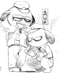  anthro brother_(lore) brothers_(lore) building clothing crouching digital_drawing_(artwork) digital_media_(artwork) duo frown hat headgear headwear herpestid hi_res japanese_text kenshiro_daimon_(odd_taxi) koshiro_daimon_(odd_taxi) male mammal masshiro meerkat monochrome odd_taxi open_mouth police police_officer sibling_(lore) simple_background text topwear vest yawn 