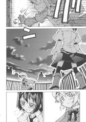  2girls akakage_red black_legwear black_skirt boots bow bowtie door doujinshi exhausted fence greyscale hat hat_removed headwear_removed highres lying maribel_hearn mob_cap monochrome multiple_girls necktie no_capelet no_hat no_headwear on_back rooftop skirt slamming_door smoke tired touhou translation_request usami_renko 