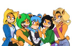  activision ami_bandicoot anthro bandicoot black_hair blonde_hair blue_eyes blue_hair choker crash_(series) crash_team_racing_(series) crash_team_racing_nitro-fueled eyeshadow female green_eyes green_hair group hair hi_res isabella_bandicoot jewelry liz_bandicoot looking_at_viewer makeup mammal marsupial megumi_bandicoot necklace pink_eyes purple_eyes rakkun13 tawna_bandicoot tongue tongue_out 