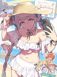  3girls bare_shoulders beach bikini bird blonde_hair blue_eyes blue_hair bradamante_(fate) braid braided_hair_rings breasts cellphone chibi cleavage closed_eyes collarbone fate/grand_order fate_(series) fujimaru_ritsuka_(female) fujimaru_ritsuka_(female)_(brilliant_summer) grey_hair hair_rings hat highres long_hair looking_at_viewer medium_breasts miniskirt multicolored_hair multiple_girls multiple_views navel off-shoulder_bikini off_shoulder orange_hair owl phone pope_joan_(fate) purple_eyes saipaco shore sidelocks skirt smile strapless strapless_bikini straw_hat swimsuit thighs translation_request twin_braids twintails two-tone_hair very_long_hair white_bikini white_skirt 