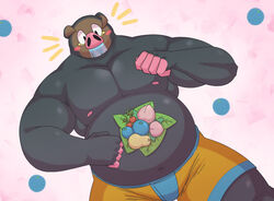  5_fingers alfredblaze anthro belly black_body bodily_fluids bottomwear clothing drooling fingers fist food_on_belly leaf lechonk looking_down male musclegut muscular muscular_anthro muscular_male navel nintendo nipples orange_bottomwear orange_clothing orange_shorts overweight overweight_anthro overweight_male pecs pink_background pink_fingers pink_nipples pink_nose pok&eacute;mon_(species) pokemon pokemon_berry saliva shorts simple_background solo video_games 