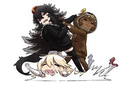  3girls angry black_hair blonde_hair brown_hair crossover crown dark-skinned_female dark_skin fangs fighting godzilla godzilla_(monsterverse) godzilla_(series) godzilla_vs._kong haraya_manawari hood hoodie iowa_(kancolle) kantai_collection king_kong king_kong_(series) long_hair mini_crown monkey_hood monsterverse multiple_girls open_mouth personification red_eyes spiked_hair stepped_on tears thighhighs very_long_hair 