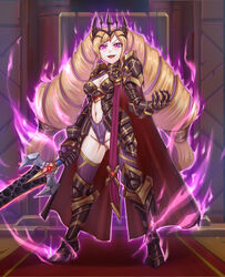  alternate_costume anankos armor aura blonde_hair breasts cleavage corruption crown dark_aura dark_persona elise_(fire_emblem) female fire_emblem fire_emblem_fates full_body highres holding holding_sword holding_weapon leebigtree long_hair multicolored_hair navel open_mouth possessed purple_eyes purple_hair solo sword throne twintails weapon 