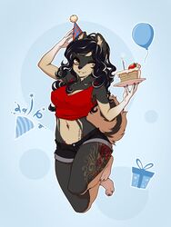  3:4 4_toes 5_fingers anthro black_hair bottomwear breasts cake canid canine canis clothed clothing dessert digital_media_(artwork) domestic_dog eyebrows eyelashes feet female fingers food fur hair hat headgear headwear hi_res hip_piercing honnari_hannya jenni_(jennibutt) looking_at_viewer mammal midriff navel navel_piercing nipple_outline no_bra party_hat piercing pomeranian shirt shorts simple_background smile solo spitz tank_top tattoo toes topwear 