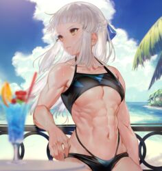  abs biceps bikini blunt_bangs bow bra breasts collarbone commentary_request cup drink drinking_glass drinking_straw fate/grand_order fate_(series) female hairbow kodama_(wa-ka-me) long_hair medium_breasts muscular muscular_female navel obliques outdoors parted_lips penthesilea_(fate) sidelocks solo stomach sweat swimsuit tropical_drink underboob underwear white_hair yellow_eyes 