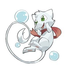  3_toes 4_fingers bubble feet feral fingers floating fur generation_1_pokemon green_eyes happy hi_res legendary_pokemon long_tail mew_(pokemon) nintendo open_mouth pawpads paws pokemon pokemon_(species) scarf solo tail toes tongue trismew unknown_artist white_body white_fur 