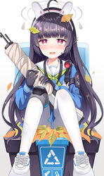  absurdres ahoge animal_ears arrow_(symbol) black_gloves black_hair blue_archive blue_serafuku blue_shirt blunt_bangs blush bolt_action bright_pupils fake_animal_ears female full_body gloves green_neckerchief gun halo hari83421 highres holding knee_pads leaf leaf_on_head long_hair long_sleeves looking_at_viewer miyu_(blue_archive) mosin-nagant neckerchief open_mouth pantyhose rabbit_ears recycle_bin recycling_symbol red_eyes rifle sailor_collar school_uniform serafuku shirt shoe_print shoes single_knee_pad sitting sneakers solo sweat sweatdrop tearing_up trash_can twig weapon white_background white_footwear white_pantyhose white_pupils white_sailor_collar 