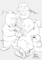  anthro ape backpack can cellphone clothing common_hippopotamus container digital_drawing_(artwork) digital_media_(artwork) eiji_kakihana_(odd_taxi) electronics footwear gibbon group haplorhine hi_res hippopotamid hiroshi_odokawa_(odd_taxi) hoodie japanese_text male mammal marine masshiro monochrome odd_taxi phone pinniped primate shirt shoes simple_background sitting smartphone sneakers taichi_kabasawa_(odd_taxi) text topwear walrus 