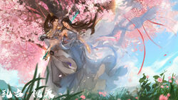  1boy absurdres blue_dress blue_sky brown_hair character_request cherry_blossoms cloud couple dress female floating_clothes floating_hair flower grass hair_bun hair_ornament highres holding holding_sword holding_weapon long_hair parted_lips pink_flower reverse_grip sash second-party_source side-by-side sky straight sword teeth wanmei_shijie weapon yue_chan_(wanmei_shijie) zacao_tong 