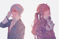  2boys ascot back-to-back bad_id bad_pixiv_id blue_eyes blue_hair blue_jacket evillious_nendaiki frilled_cuffs frilled_sleeves frills hair_ribbon high_collar highres jacket kaito_(vocaloid) kamui_gakupo karchess_crim long_hair looking_to_the_side makino_chisato male_focus multiple_boys open_collar ponytail purple_eyes purple_hair purple_jacket ribbon sateriasis_venomania short_hair sidelocks vocaloid 