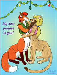  2001 bernard_doove blonde_hair blue_eyes bottomless breasts canid canid_taur canine canine_taur chakat chakona_space christmas clothed clothing dipstick_tail duo english_text felid felid_taur female fox fox_taur fur garrek goldfur green_eyes hair herm_(lore) holidays male male/female mammal mammal_taur markings multicolored_tail open_clothing open_topwear open_vest orange_body orange_fur red_hair shirt tail tail_markings tank_top taur text topwear vest 