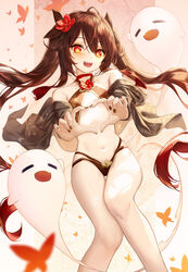  adapted_costume ahoge alternate_costume bare_legs bare_shoulders bikini black_bikini black_nails black_shirt boo_tao_(genshin_impact) breasts brown_hair choker criss-cross_halter female flower flower-shaped_pupils genshin_impact ghost gradient_hair h2o_(dfo) hair_flower hair_ornament hair_ribbon halterneck heart heart_hands highres hu_tao_(genshin_impact) leaf legs long_hair looking_at_viewer maple_leaf multi-strapped_bikini multicolored_hair nail_polish navel off_shoulder open_clothes open_mouth open_shirt outstretched_arms red_choker red_eyes red_hair ribbon shirt small_breasts smile solo stomach string_bikini swimsuit symbol-shaped_pupils thighs twintails underboob very_long_hair 