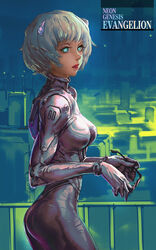  absurdres aqua_eyes ass ayanami_rei bodysuit breasts check_commentary chinese_commentary commentary_request copyright_name cowboy_shot expressionless female from_side glasses glowing glowing_eyes grey_bodysuit headgear highres holding holding_removed_eyewear lips looking_at_viewer medium_breasts neon_genesis_evangelion plugsuit short_hair skin_tight solo thighs unworn_eyewear white_hair yangmie_mieyi 