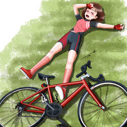  bicycle bike_jersey bike_shorts brown_hair chutohampa closed_eyes cycling_uniform female fingerless_gloves full_body gloves grass hand_on_own_forehead lying on_back open_mouth original outdoors shoes short_hair signature solo 