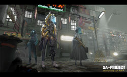  3girls absurdres aircraft animal_ears animal_hood artist_name assault_rifle black_footwear black_gloves black_legwear black_pants black_shirt black_skirt blue_hoodie boots bottle breasts brown_jacket chinese_commentary chinese_text commentary cyberpunk english_text exoskeleton fake_animal_ears fn_scar fn_scar_16 gas_mask glock gloves grey_footwear grey_shirt grey_shorts gun h&amp;k_hk416 handgun hands_in_pockets heart helicopter high_heels highres holding holding_gun holding_weapon hood hood_down hoodie jacket lamppost letterboxed long_sleeves mask multiple_girls neon_lights open_clothes open_jacket original outdoors overcast pants purple_hoodie rifle sa&#039;yuki sa-330_puma shirt shoes short_shorts shorts sign skirt sky small_breasts sneakers standing thighhighs translation_request transparent trash_can weapon white_footwear 